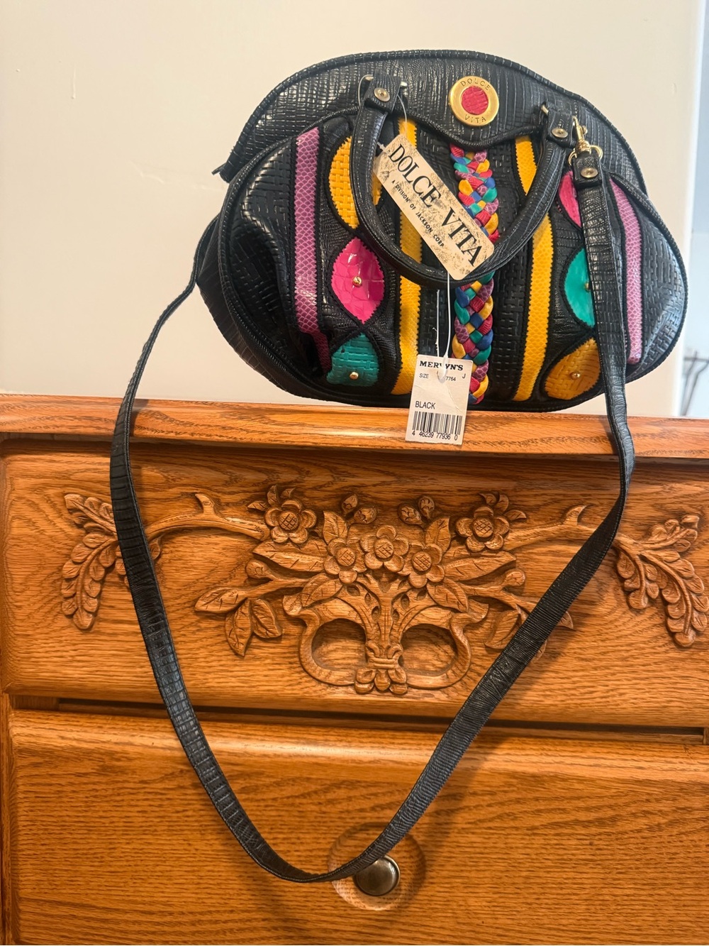 Dolce Vita Black Leather Shoulder Bag with Colorful Braided & Patchwork Accents